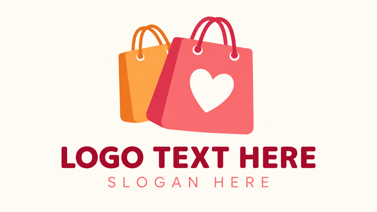 Cute overlapping shopping bags with heart cutout store logo template with LOGO TEXT HERE.