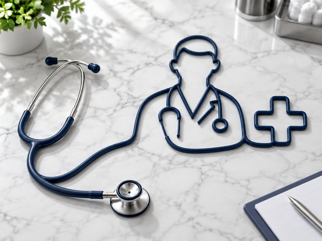 A minimalist stethoscope tube effortlessly shaping into a perfect professional medical doctor logo on a clean desk.