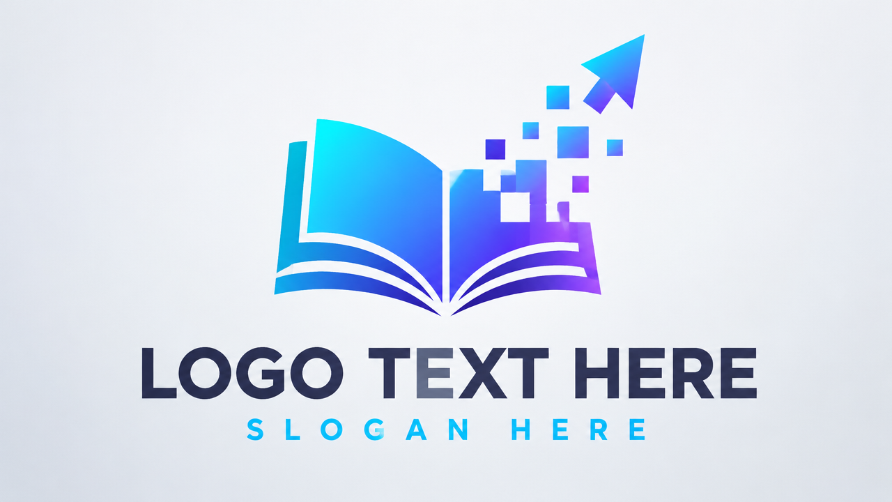 Modern EdTech digital learning platform logo with pixelated book and LOGO TEXT HERE.
