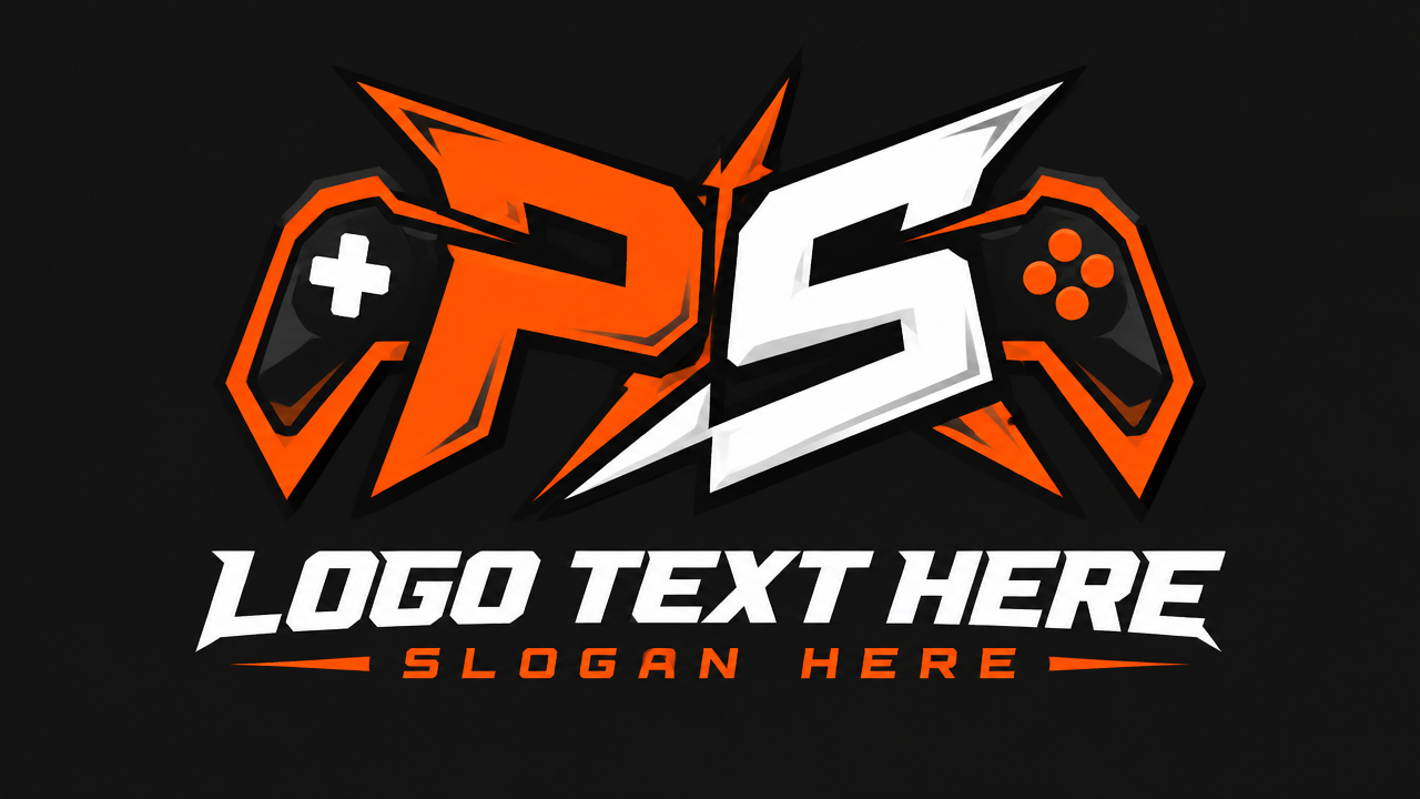 Aggressive sharp gaming esports logo featuring stylized letters P and S with LOGO TEXT HERE.