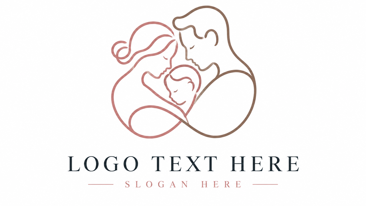 Minimalist single line art mother and child family logo with LOGO TEXT HERE placeholder.