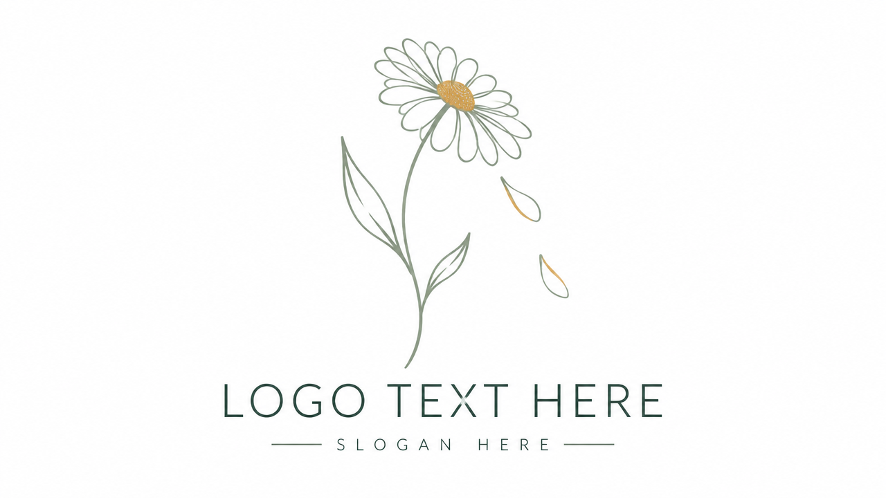 Elegant minimalist continuous line art chamomile flower logo template with LOGO TEXT HERE.