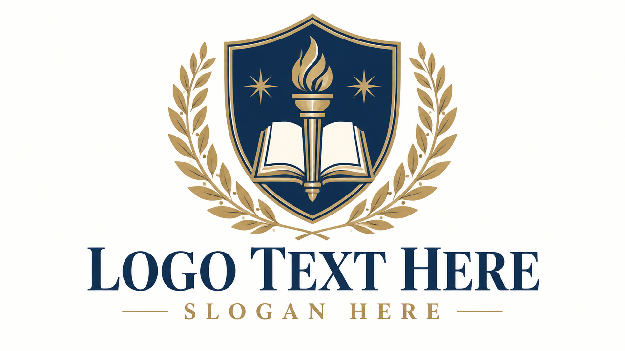 Classic collegiate academic torch and book shield crest logo template with LOGO TEXT HERE.
