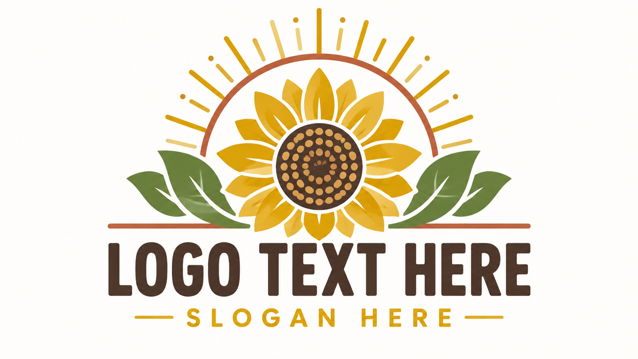 Warm artisanal sunflower and sunburst flower logo badge with LOGO TEXT HERE and SLOGAN HERE.