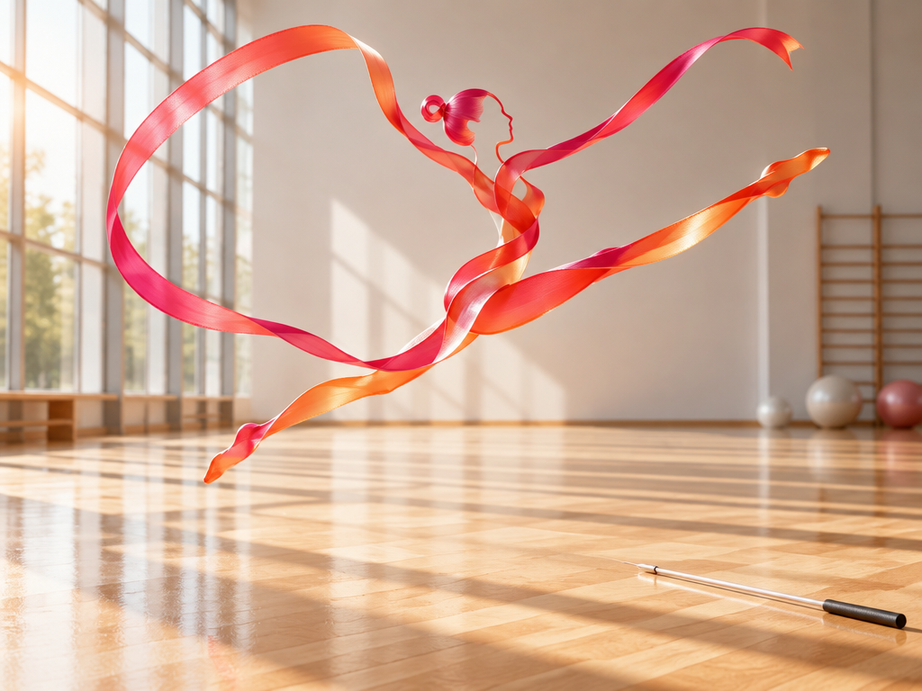 A dynamic gymnastic ribbon fluidly swirling and self-forming into a perfect gymnast logo silhouette mid-air.