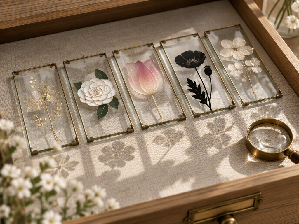 An open herbarium specimen drawer displaying an array of diverse minimalist flower logos encased in brass glass slides.