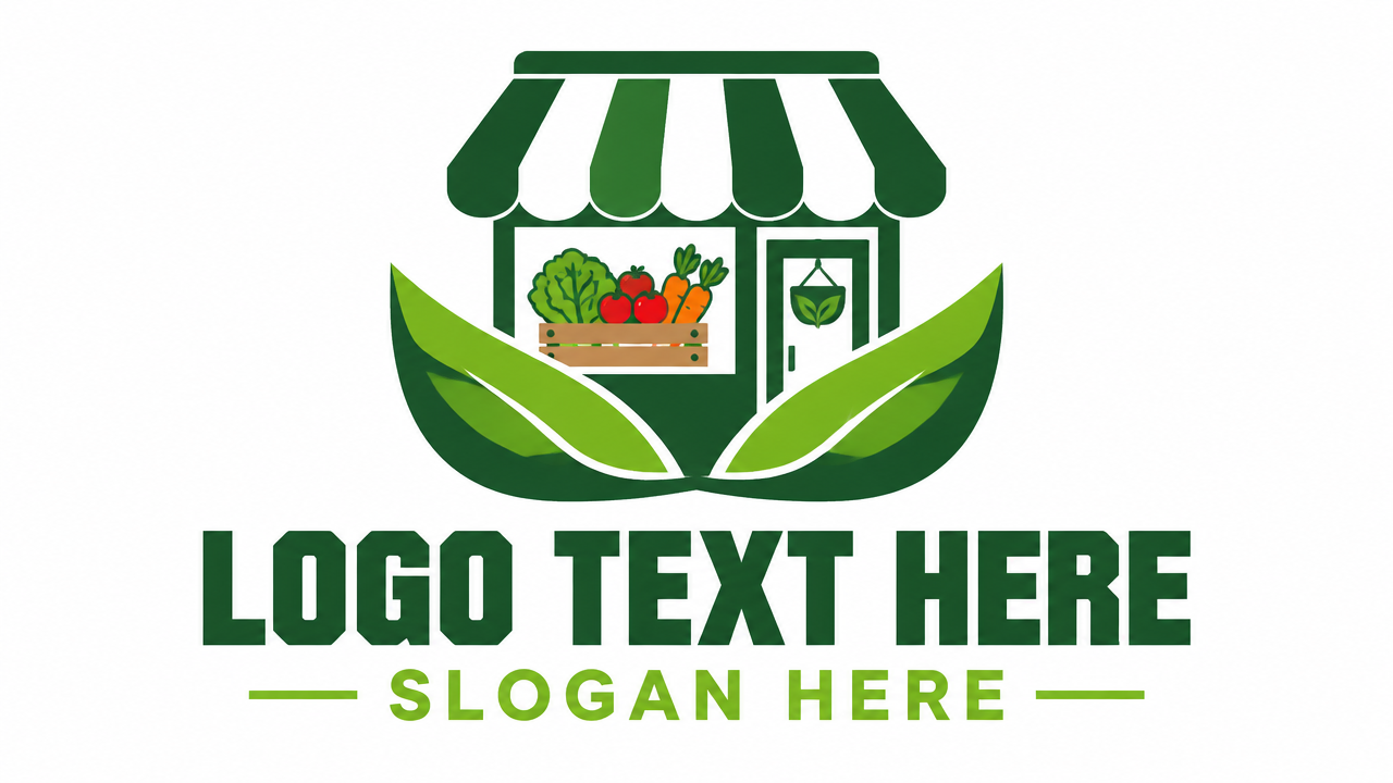 Eco-friendly organic grocery store logo with green awning and leaves with LOGO TEXT HERE.