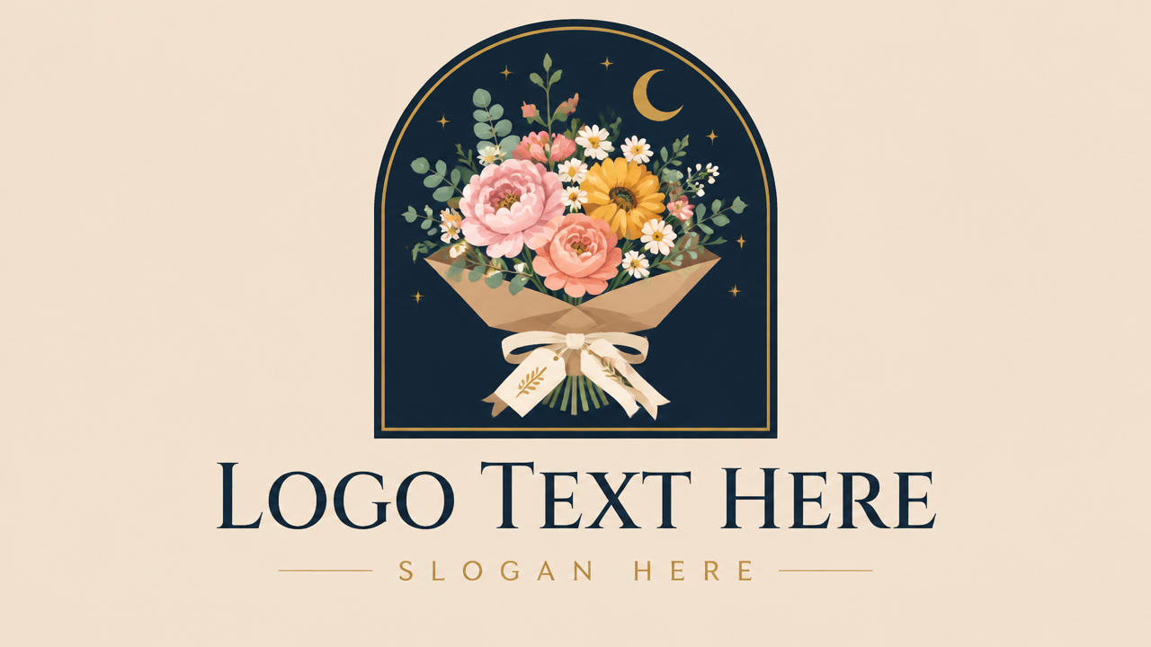 Elegant floral bouquet store arch logo template with classic typography and LOGO TEXT HERE.