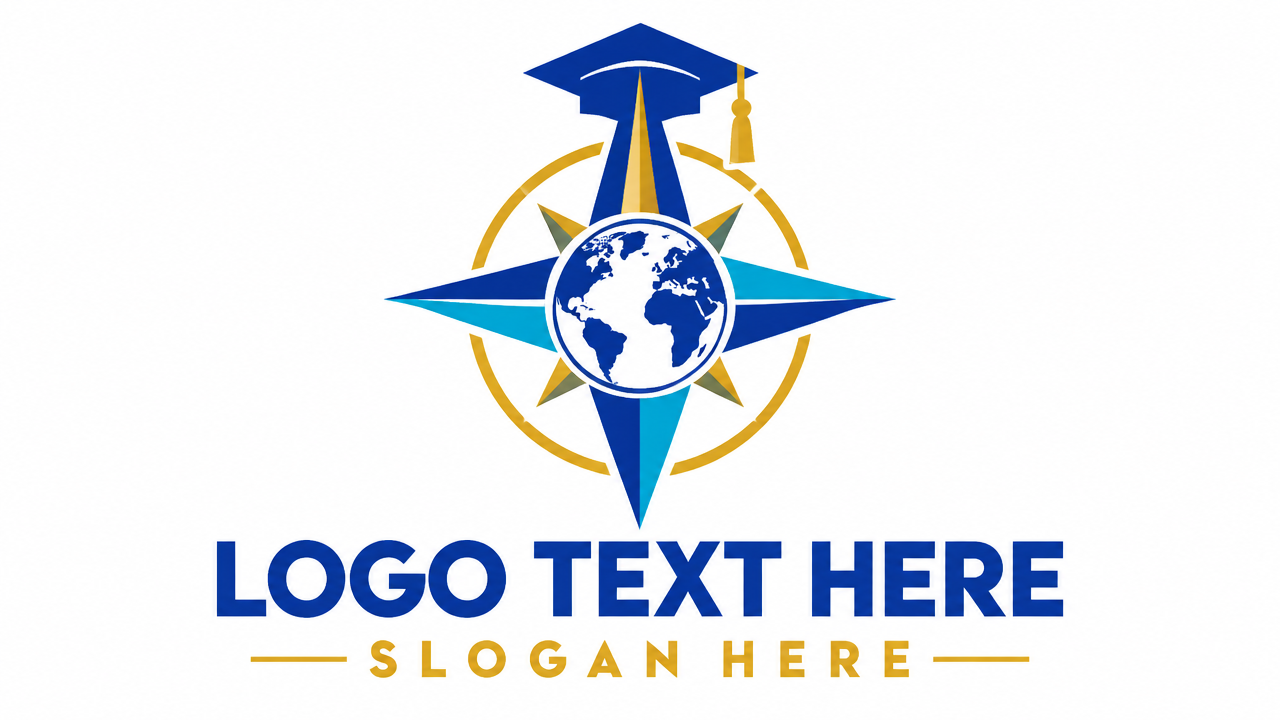 Global education consultancy logo template with navigation compass and graduation cap with LOGO TEXT HERE.