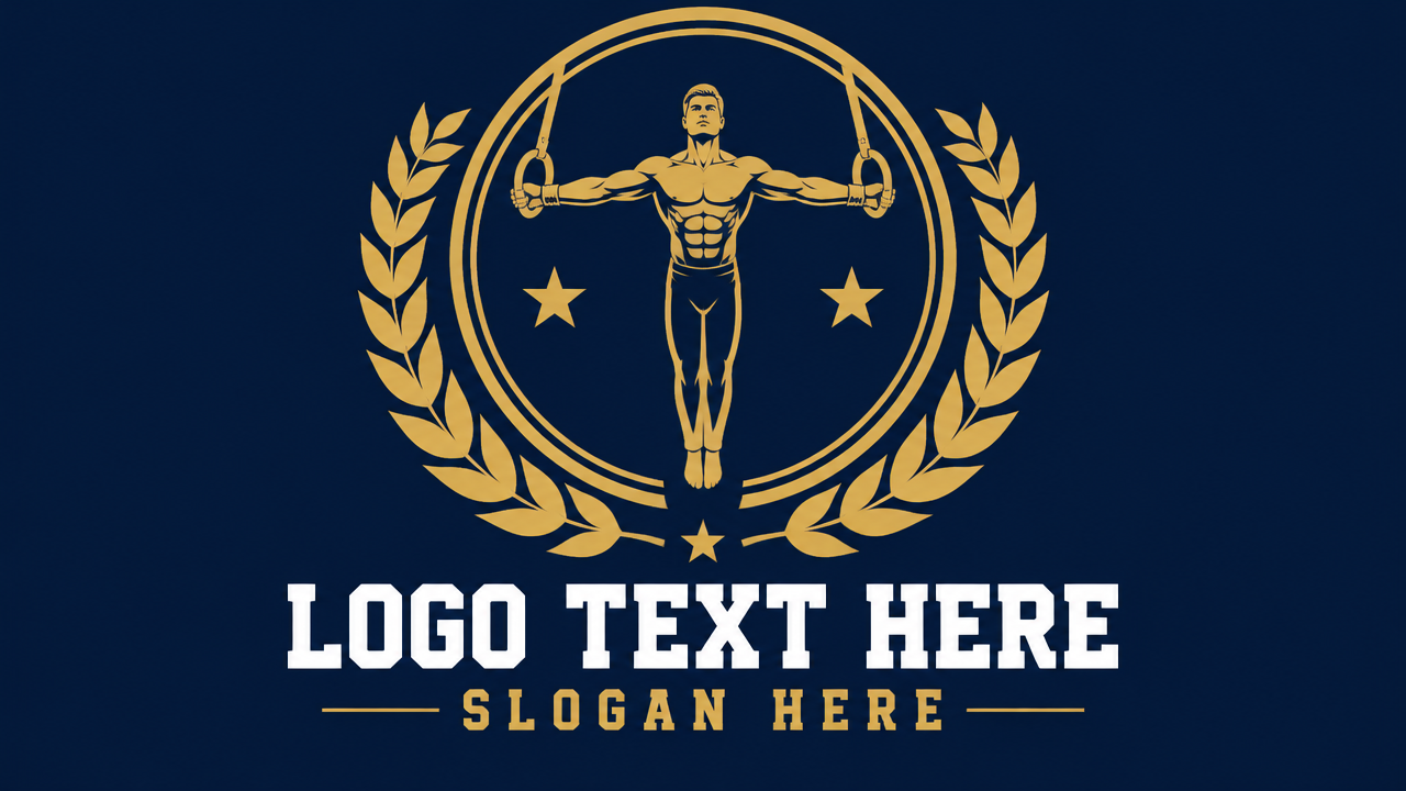 Classic collegiate gymnastics emblem featuring male gymnast on still rings with LOGO TEXT HERE and SLOGAN HERE.