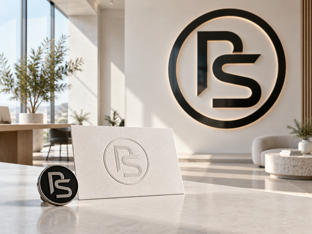 High-resolution vector PS logo showcased seamlessly from a tiny metal lapel pin to large architectural signage.