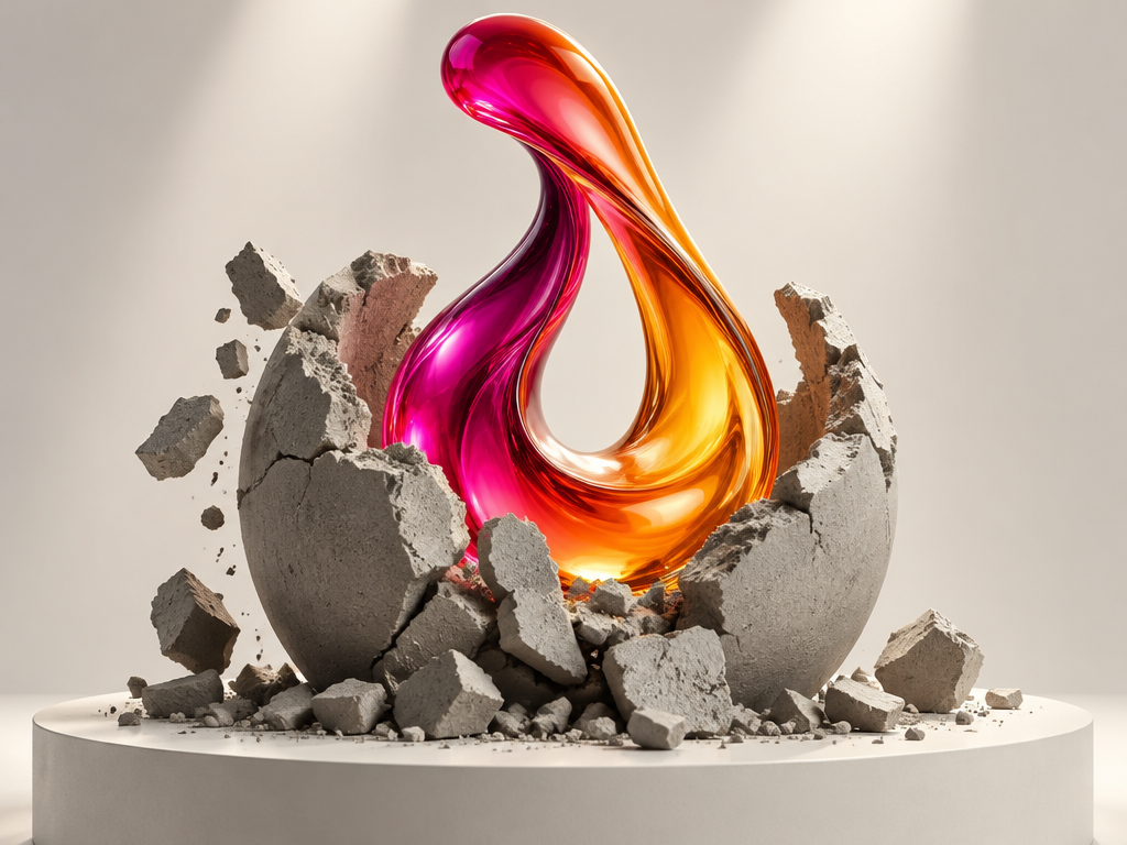 A vibrant, glossy fluid gradient unique logo bursting free from a cracked, dull grey generic mold.