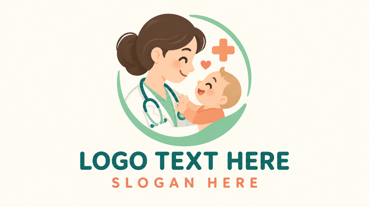 Friendly pediatric doctor logo template with warm smiling doctor silhouette and child with LOGO TEXT HERE.
