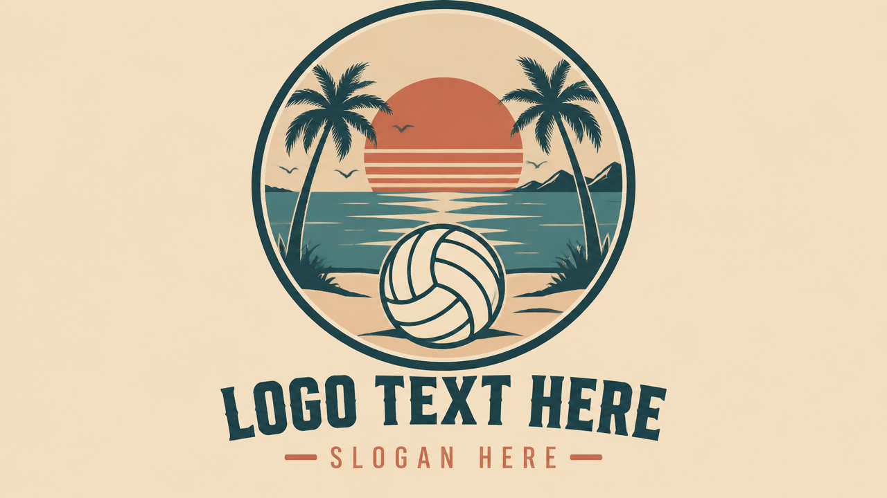 Vintage beach volleyball circular badge logo template with LOGO TEXT HERE on pastel background.