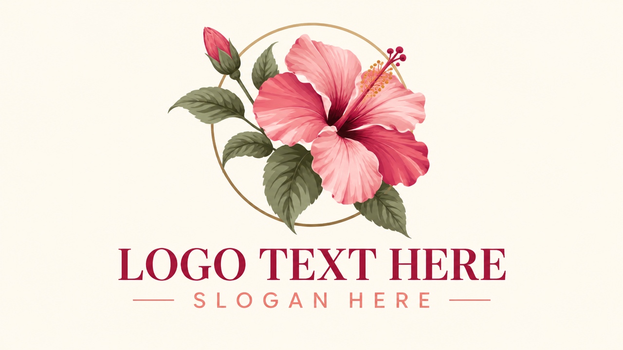 Soft pastel pink hibiscus flower circle wreath logo template with LOGO TEXT HERE and SLOGAN HERE.