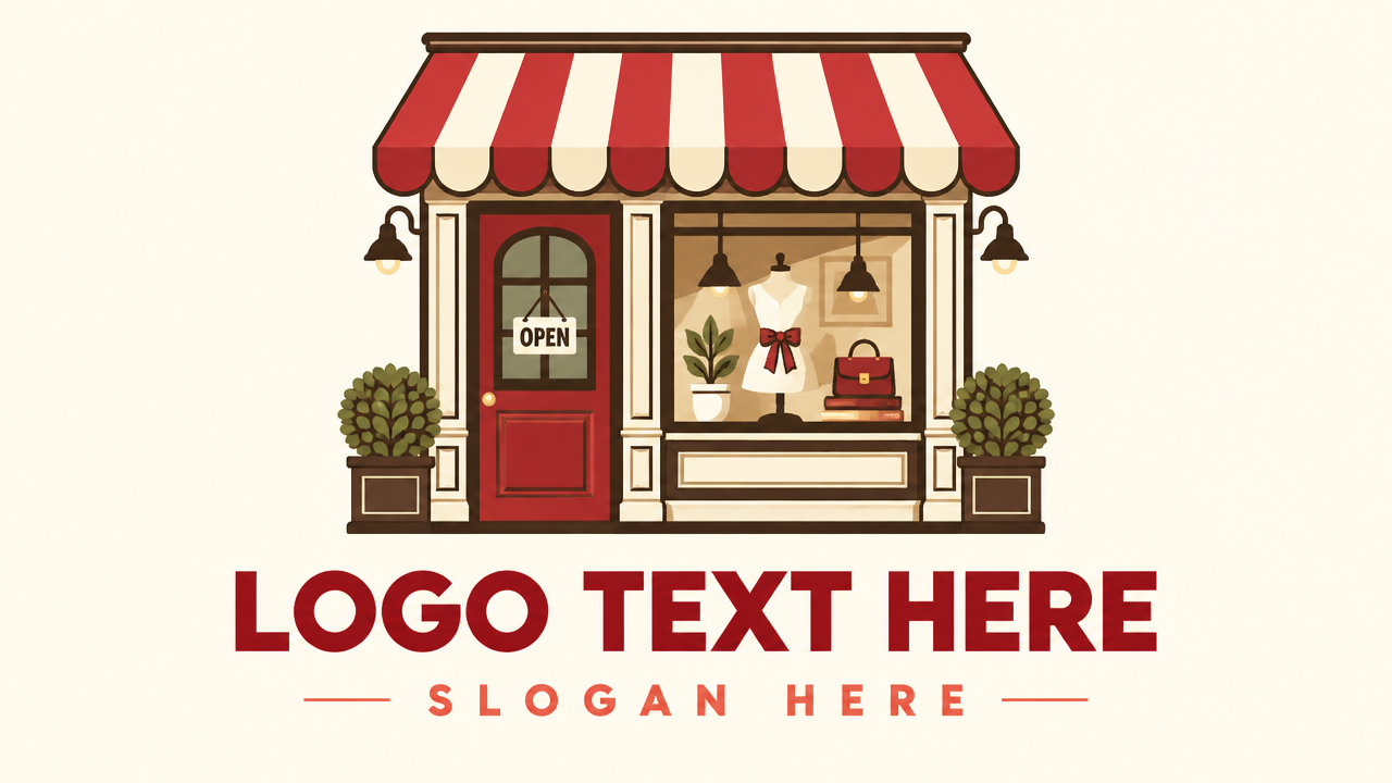 Vintage striped awning storefront logo template with warm colors and LOGO TEXT HERE.