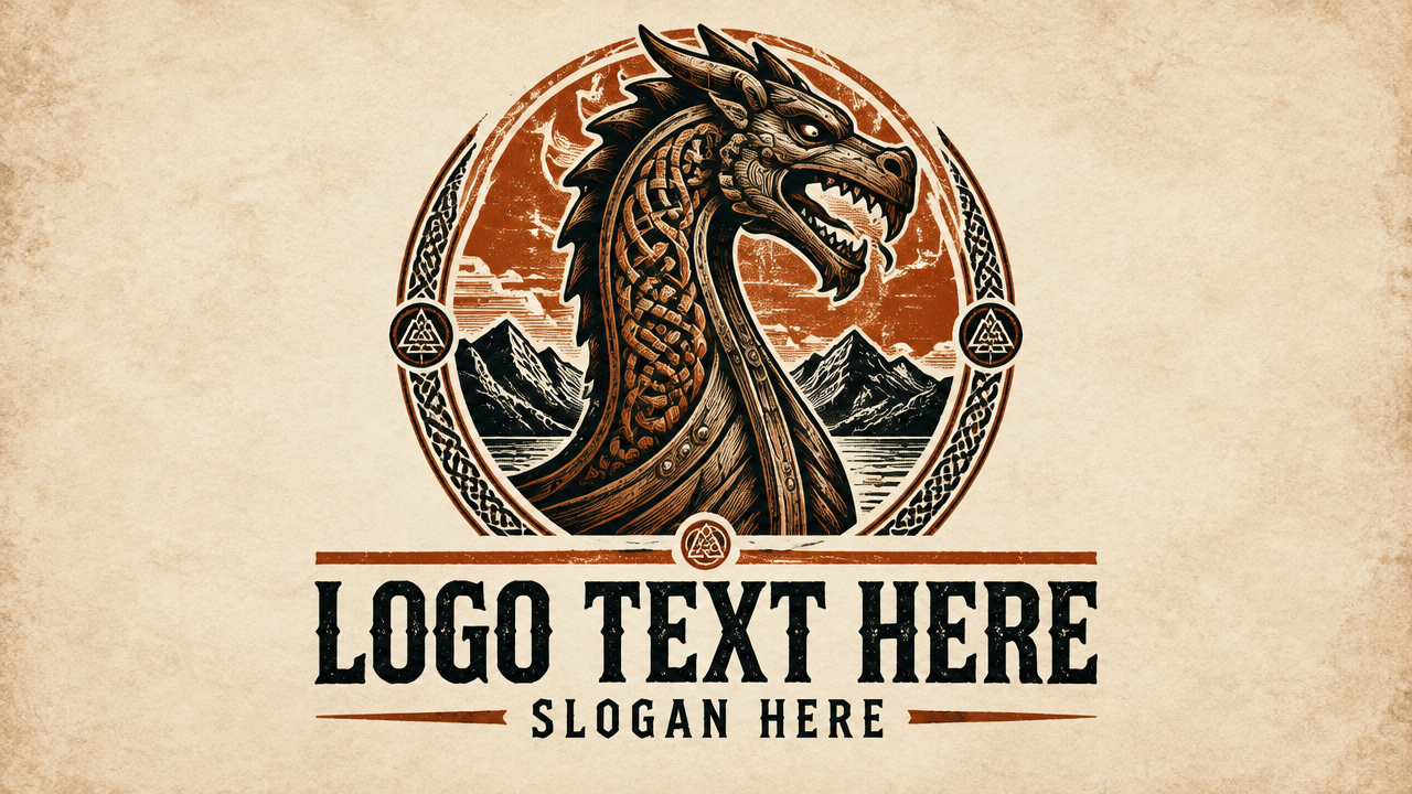 Rustic woodcut Viking dragon head logo design template on vintage parchment card