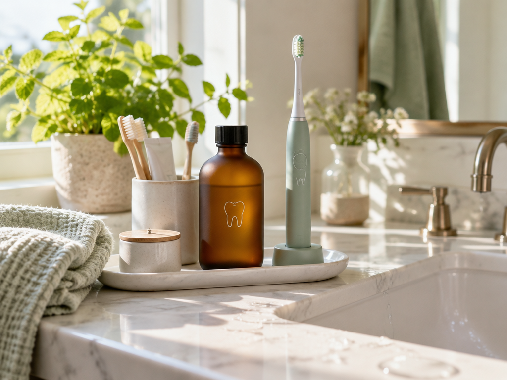 A sunlit modern bathroom vanity with aesthetic oral care essentials featuring minimalist fresh dental logo emblems