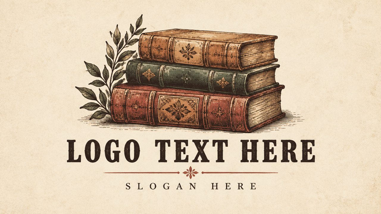 Vintage linocut woodcut stacked books logo design template on warm parchment background