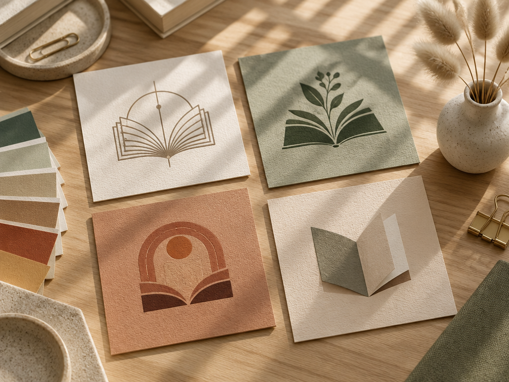 Sunlit creative studio table scattered with diverse book logo design sample cards and color swatches