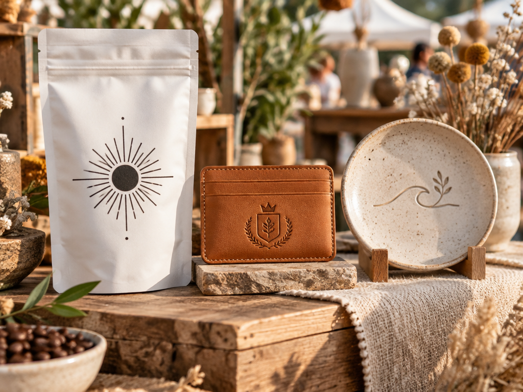 A sunlit artisan market table displaying a craft coffee pouch, stamped leather wallet, and pottery with distinct logo emblems