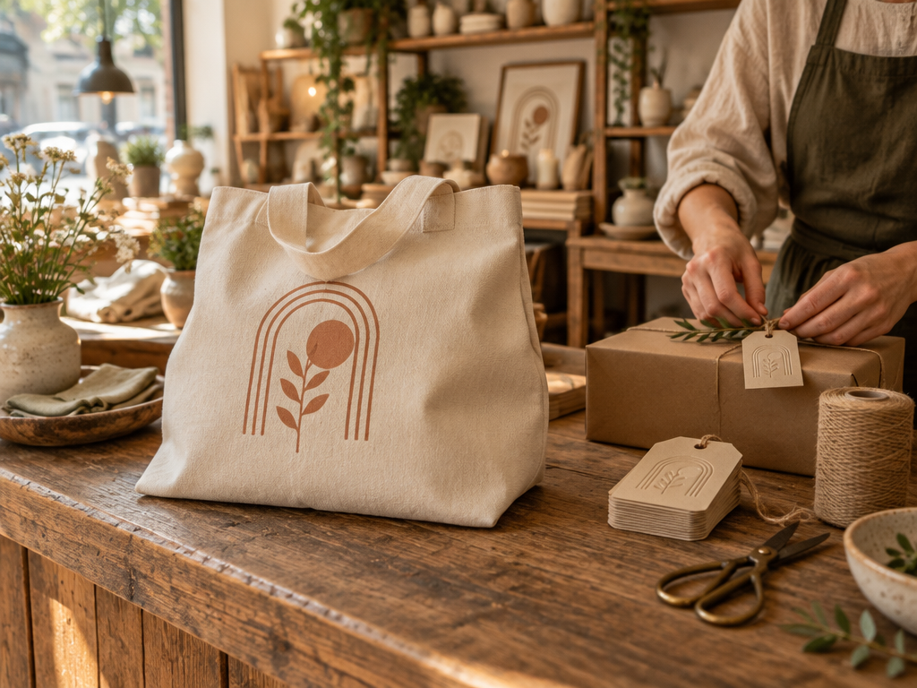 A shopkeeper preparing custom canvas tote bags and gift tags with a minimalist store logo emblem at a sunlit wooden counter