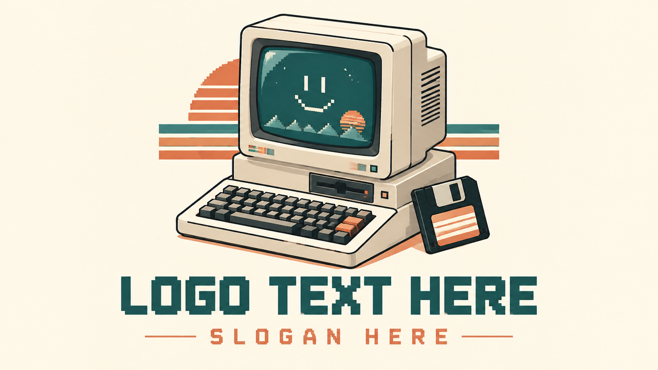 Nostalgic retro 80s computer terminal logo design template on warm cream background
