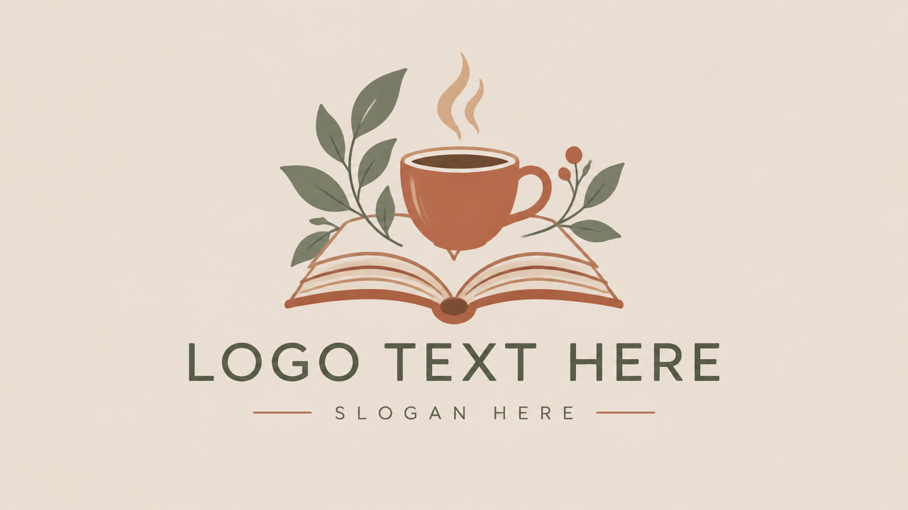 Warm minimalist book and coffee cup logo design template on beige background