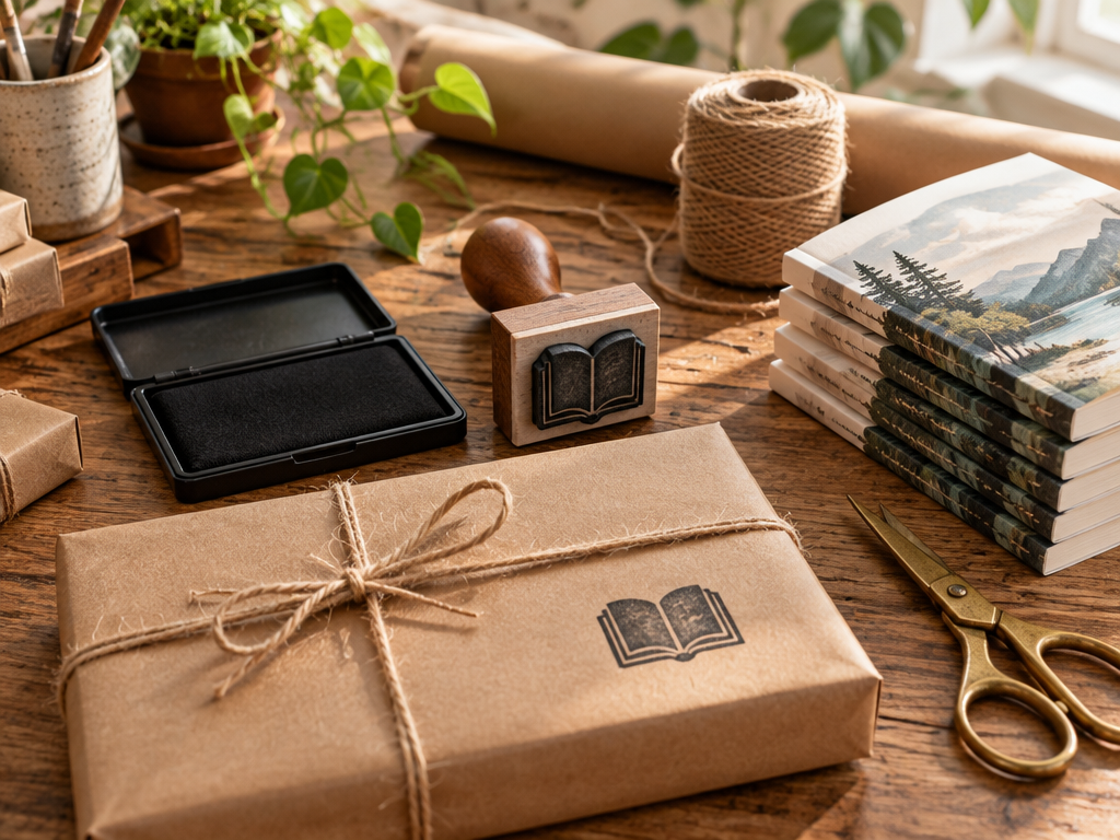 A wooden rubber stamp with a book logo emblem resting on a DIY kraft packaging desk with parcels and twine
