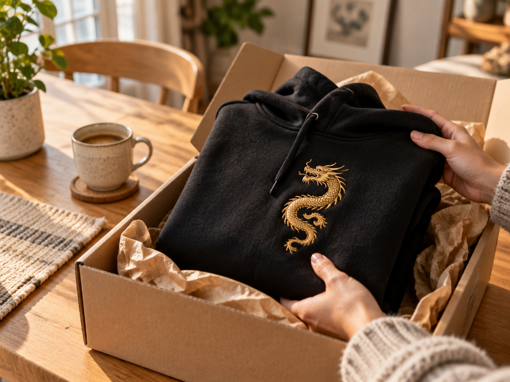 A creator unboxing a black streetwear hoodie with an embroidered gold dragon logo emblem on a sunny home table