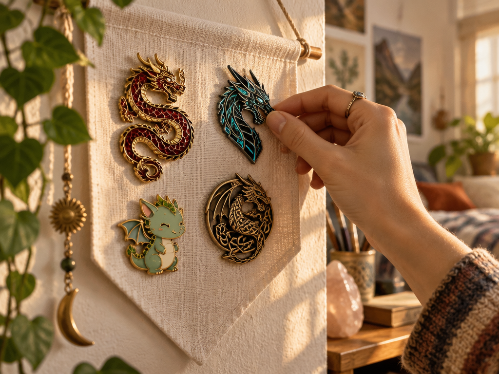 A hand pinning diverse collectible dragon logo enamel pins onto a canvas wall banner in a sunny room