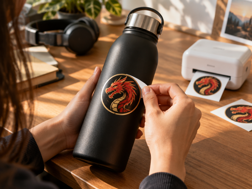 Hands applying a newly printed custom dragon logo vinyl sticker onto a matte black water bottle at a sunlit desk