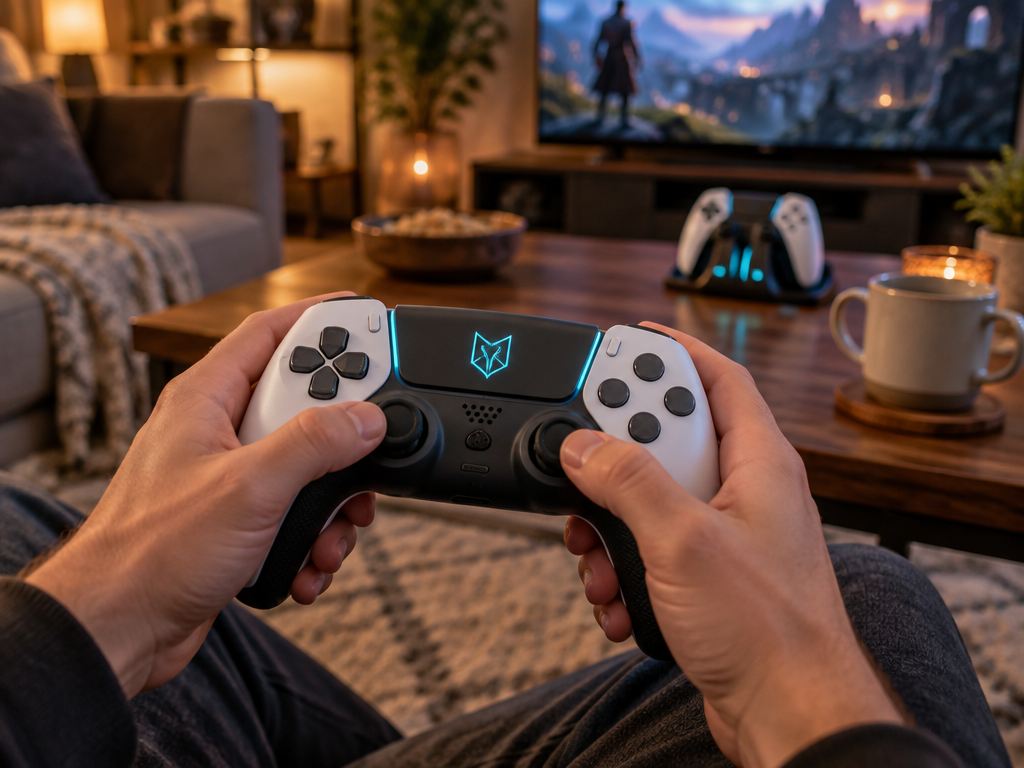 A gamer holding a customized wireless console controller with a sleek gaming logo emblem in a cozy living room