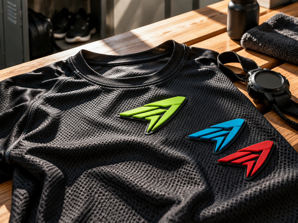  3D raised silicone athletic sports logo patches in custom team colors on a performance jersey fabric on a locker bench