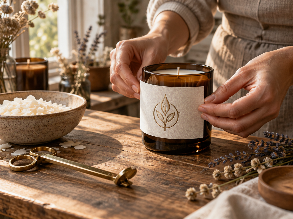 A creator applying a bespoke gold foil logo label onto a luxury amber glass candle jar in a sunlit artisan studio