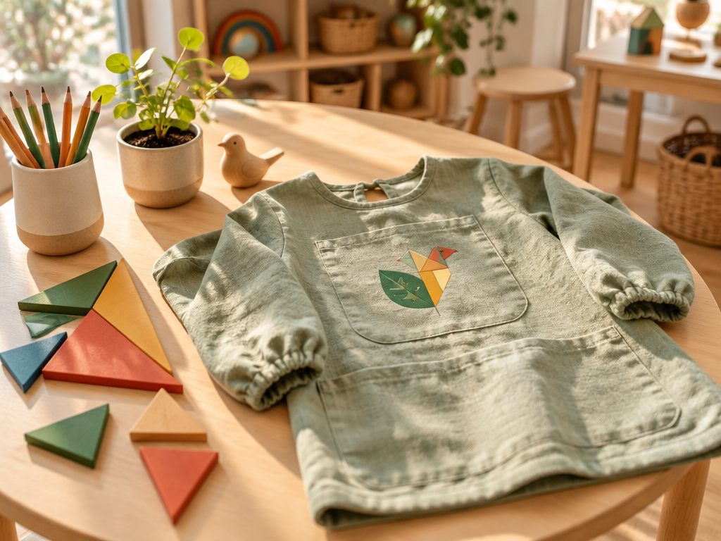 A child's linen art smock with a creative education logo emblem next to colorful wooden tangram blocks in a sunlit classroom