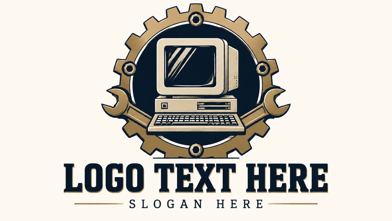 Classic vintage computer repair shop logo design template with retro monitor badge emblem