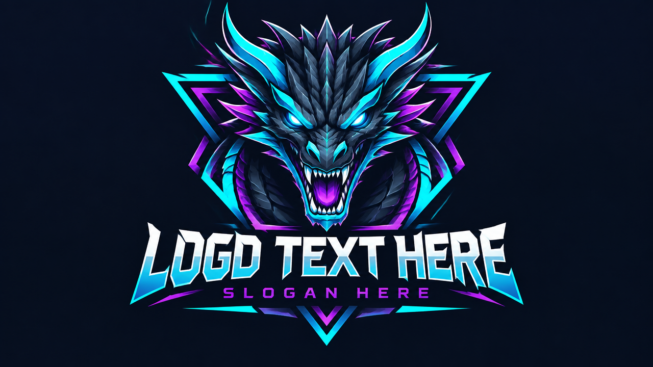 Aggressive geometric esports dragon mascot logo design template on dark background
