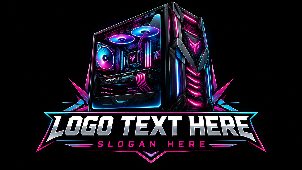 Futuristic gaming computer chassis logo design template with neon accents on dark background