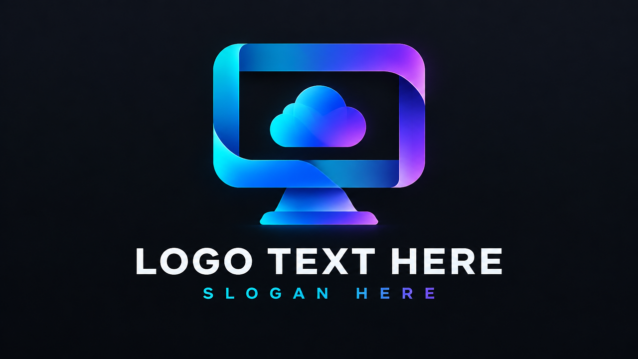 Sleek futuristic computer tech logo design template with glowing gradient monitor emblem