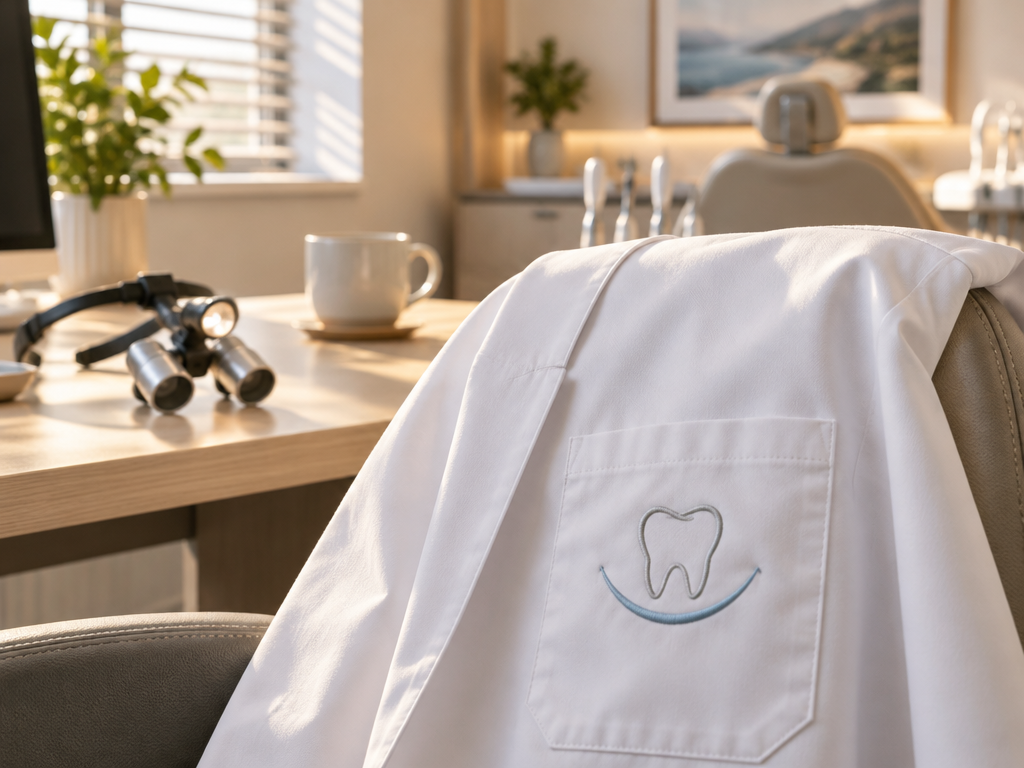 A tailored dentist coat pocket with an embroidered minimalist tooth logo emblem in a sunlit clinic office