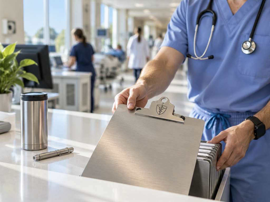A doctor in blue scrubs holding a sleek aluminum medical clipboard with a custom doctor logo emblem at a sunlit clinic station