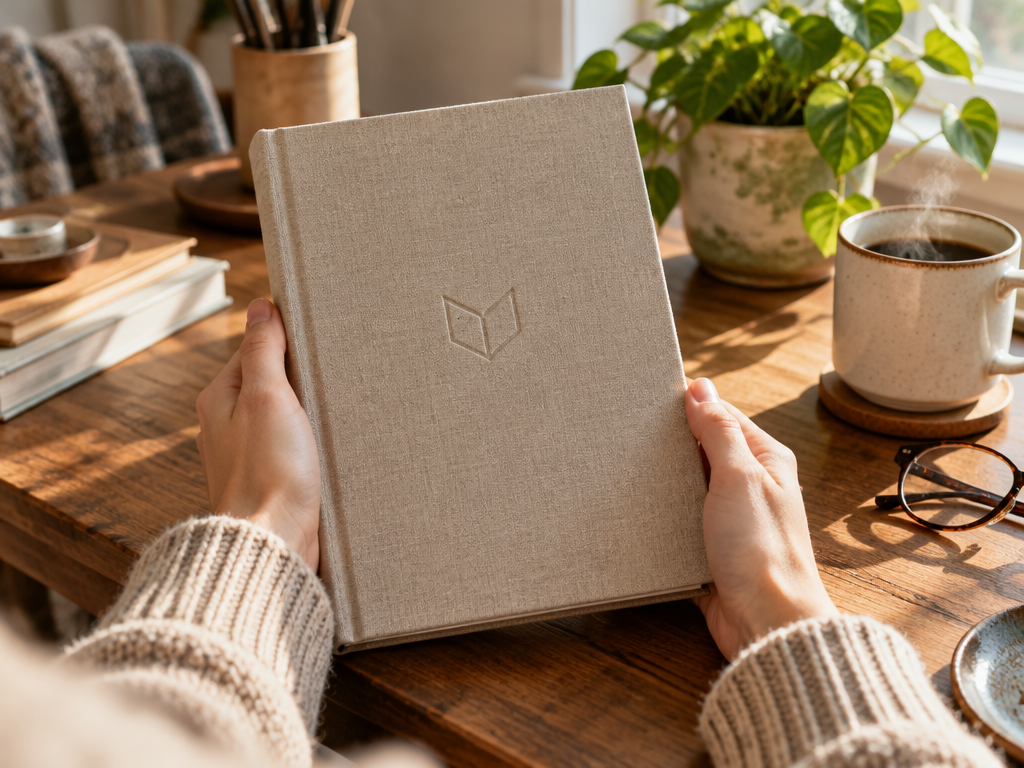  A creator holding a self-published notebook with an elegant book logo emblem in a cozy sunlit home studio