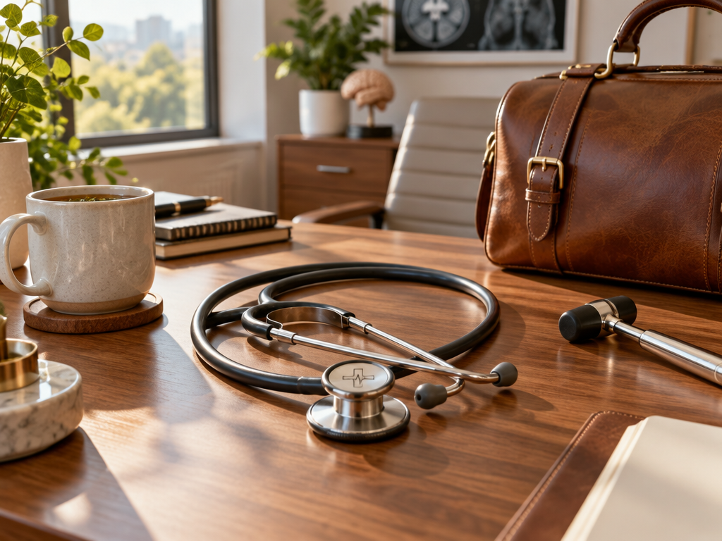 A titanium stethoscope and clinical diagnostic tools with a laser-etched medical logo emblem on a doctor consultation desk