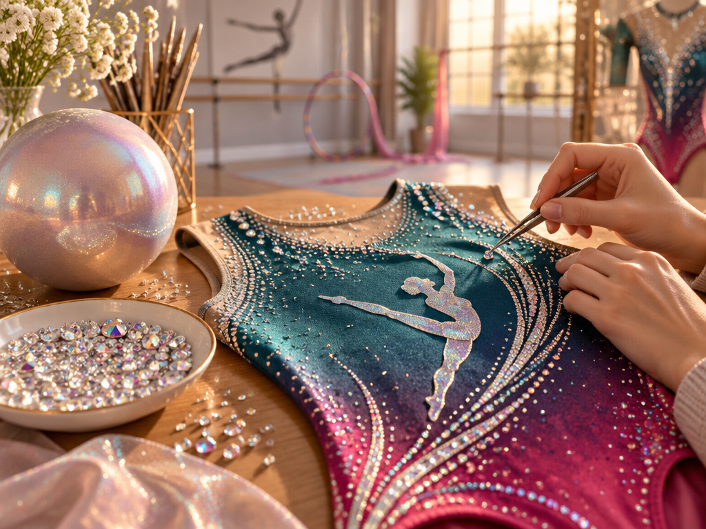 A designer applying rhinestones to an elegant gymnastics logo emblem on iridescent leotard fabric in a sunlit studio