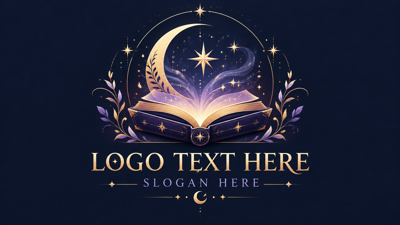 Mystical celestial fantasy open book logo template with moon and stars on dark navy background