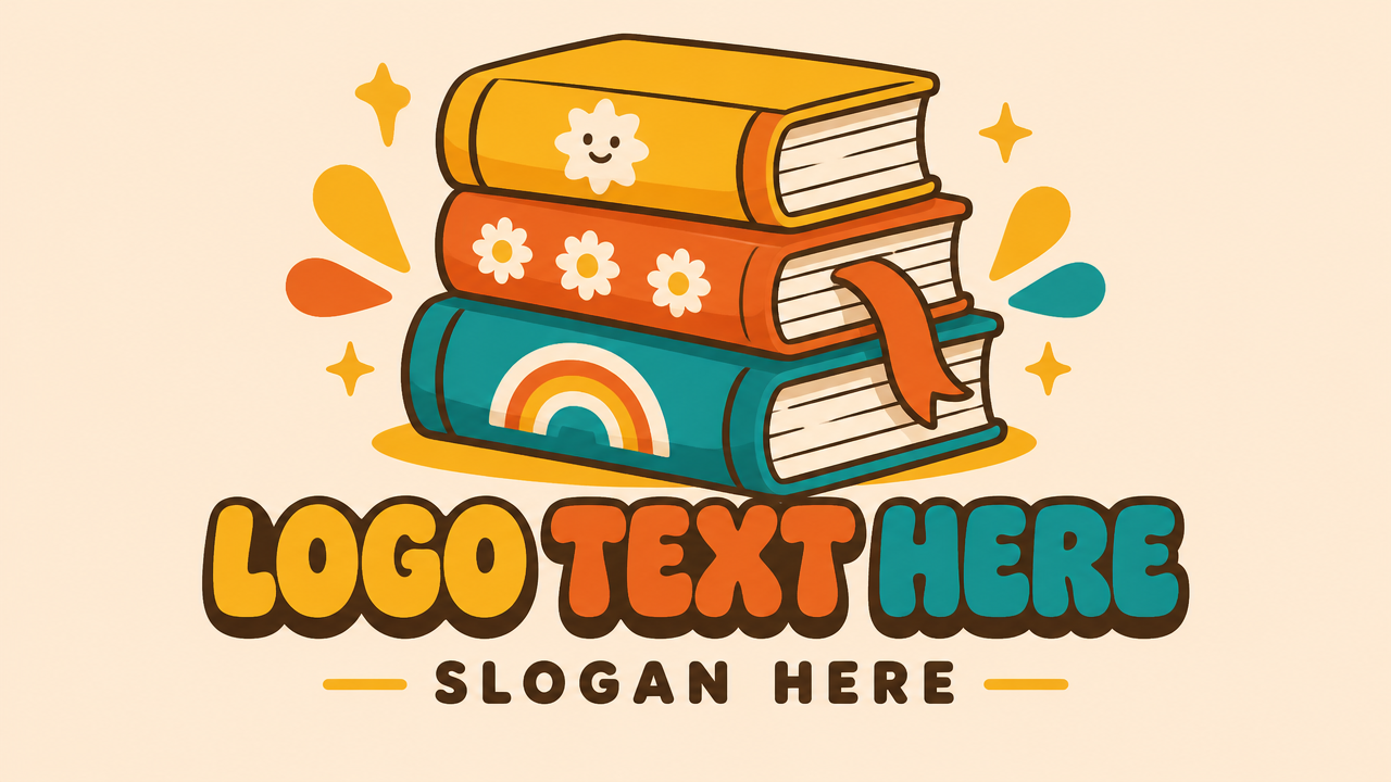 Playful retro 70s colorful stacked books logo design template on pastel background