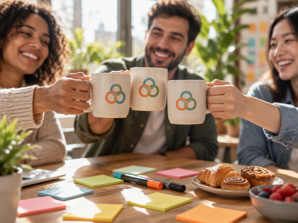 Team members clinking matching ceramic coffee mugs with a modern teamwork logo emblem over an agile brainstorm table
