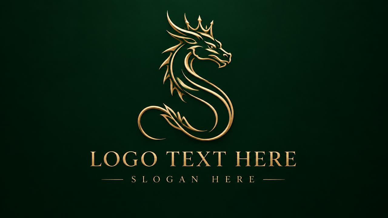 Minimalist gold line art dragon logo design template for luxury brand on dark emerald background