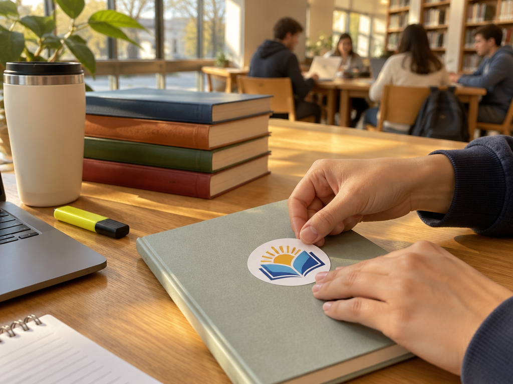 A student applying a custom education logo bookplate sticker onto a notebook in a sunlit university library
